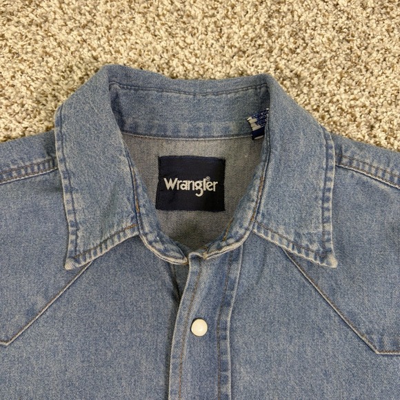 Wrangler Cowboy Cut Blue Denim Western Work Shirt Mens M Pearl Snap Rodeo - Picture 2 of 11